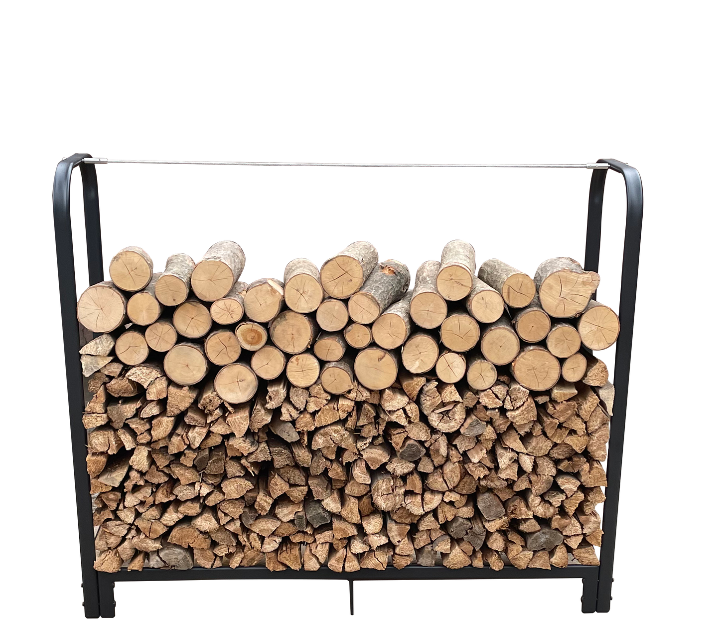 Log rack filled with dry hardwood firewood ready for winter