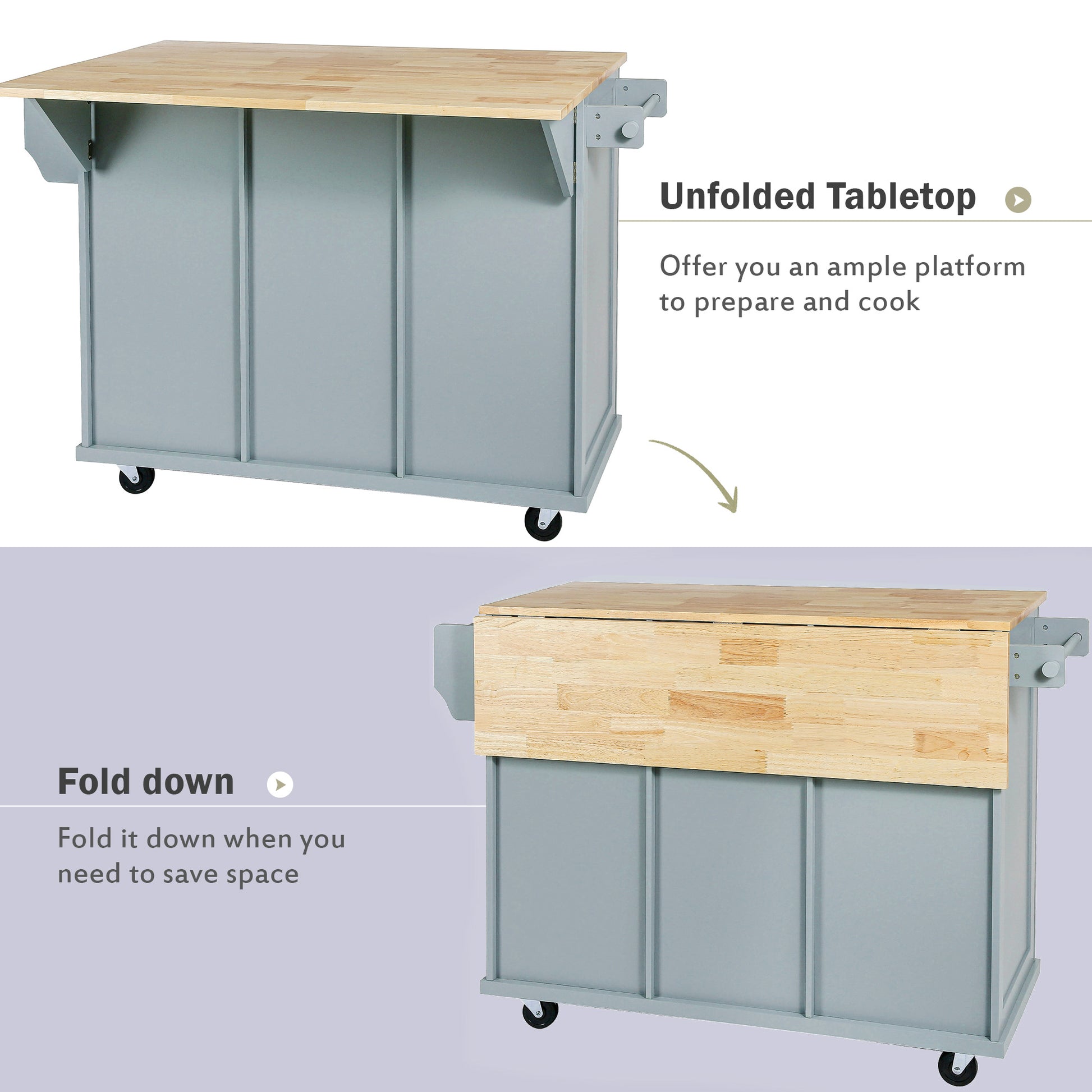 Gray kitchen island with butcher block top and foldable leaf