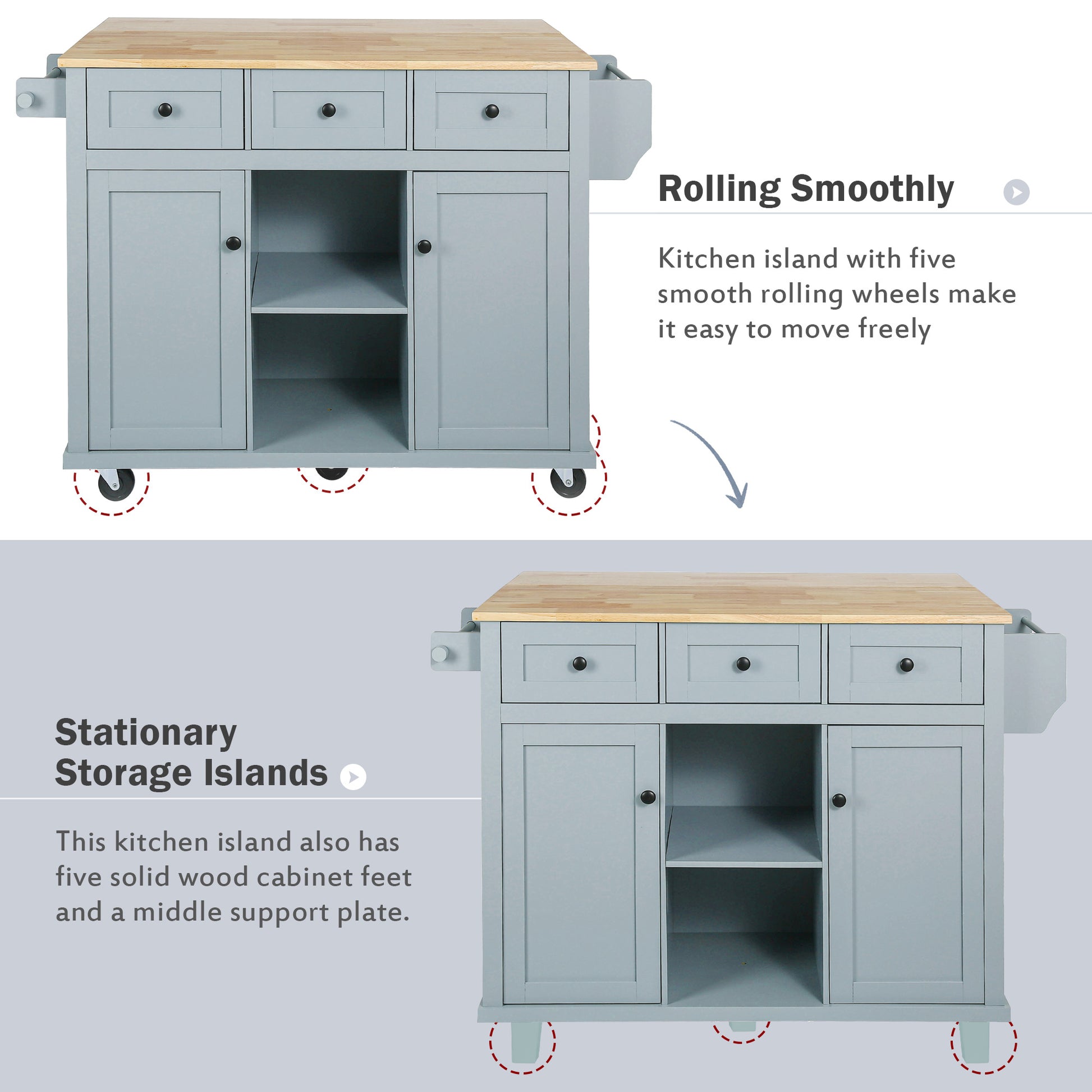 Gray kitchen island with butcher block top on five smooth rolling wheels