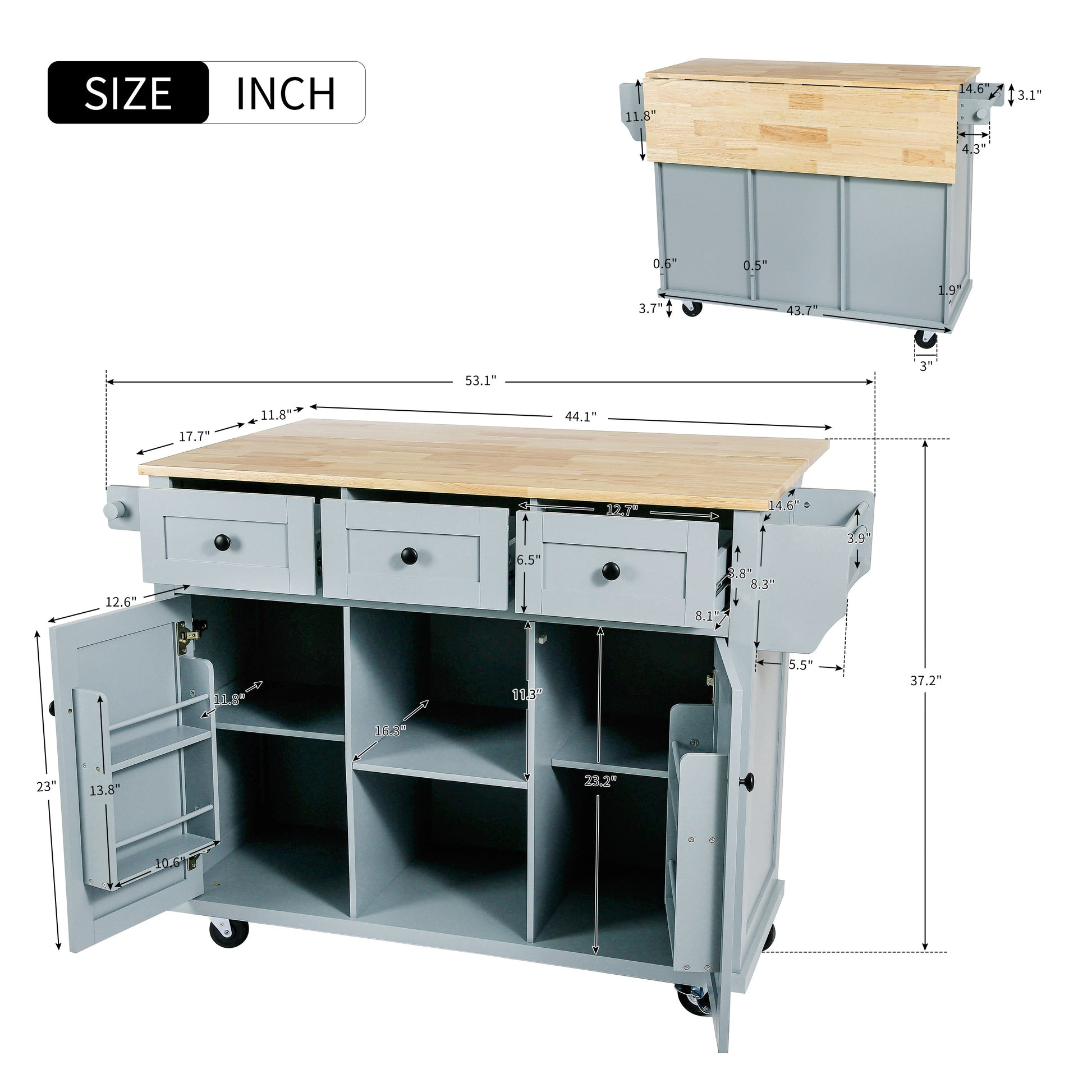 Gray kitchen cart with wooden butcher block top and rolling casters