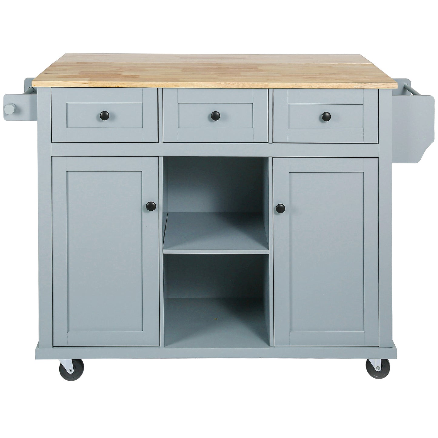 Grey kitchen island cart with butcher block top and three drawers