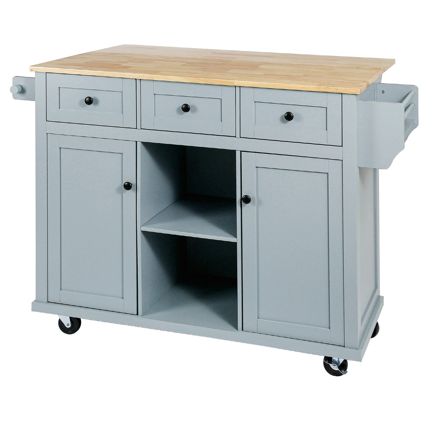 Gray kitchen island cart with butcher block top and storage cabinets