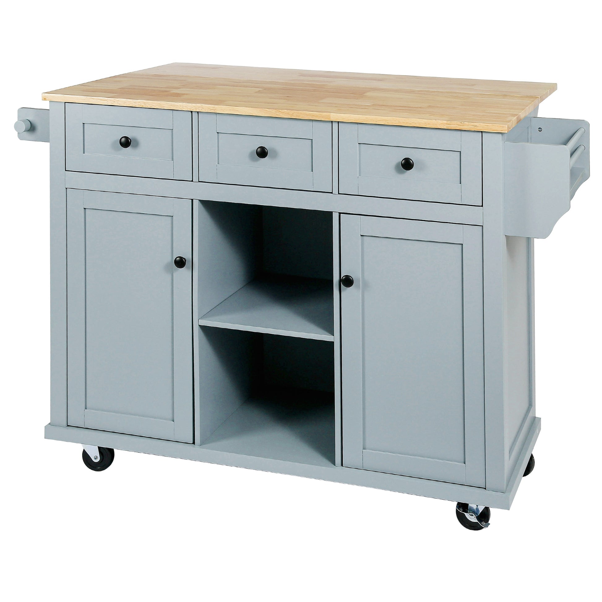 Gray kitchen island cart with butcher block top and storage cabinets