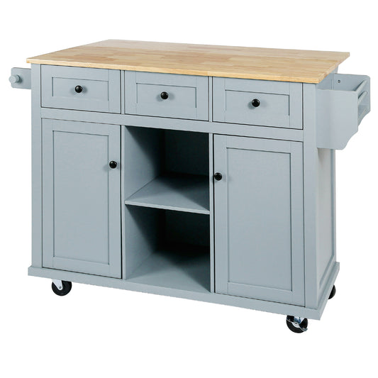 Gray kitchen island cart with butcher block top and storage cabinets