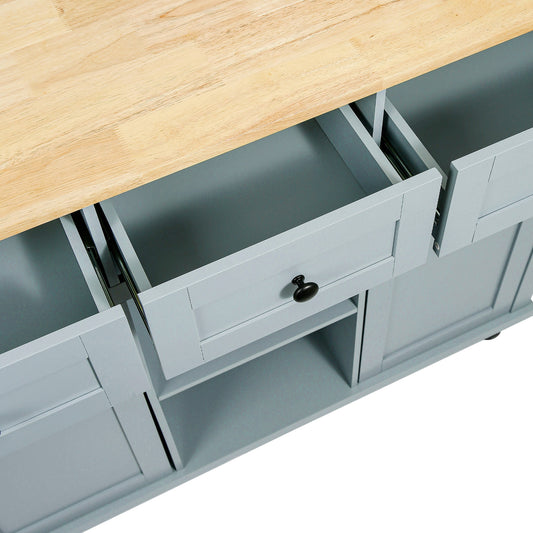 TREATLIFE HOME Kitchen Cart with Rubber Wood Drop-Leaf Countertop, Internal Storage Racks, Mobile Design with Three Drawers, Grey Blue