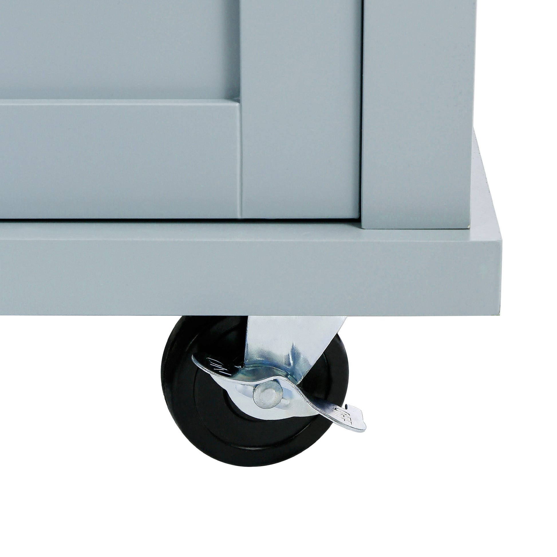 Gray kitchen island cabinet with a black caster wheel