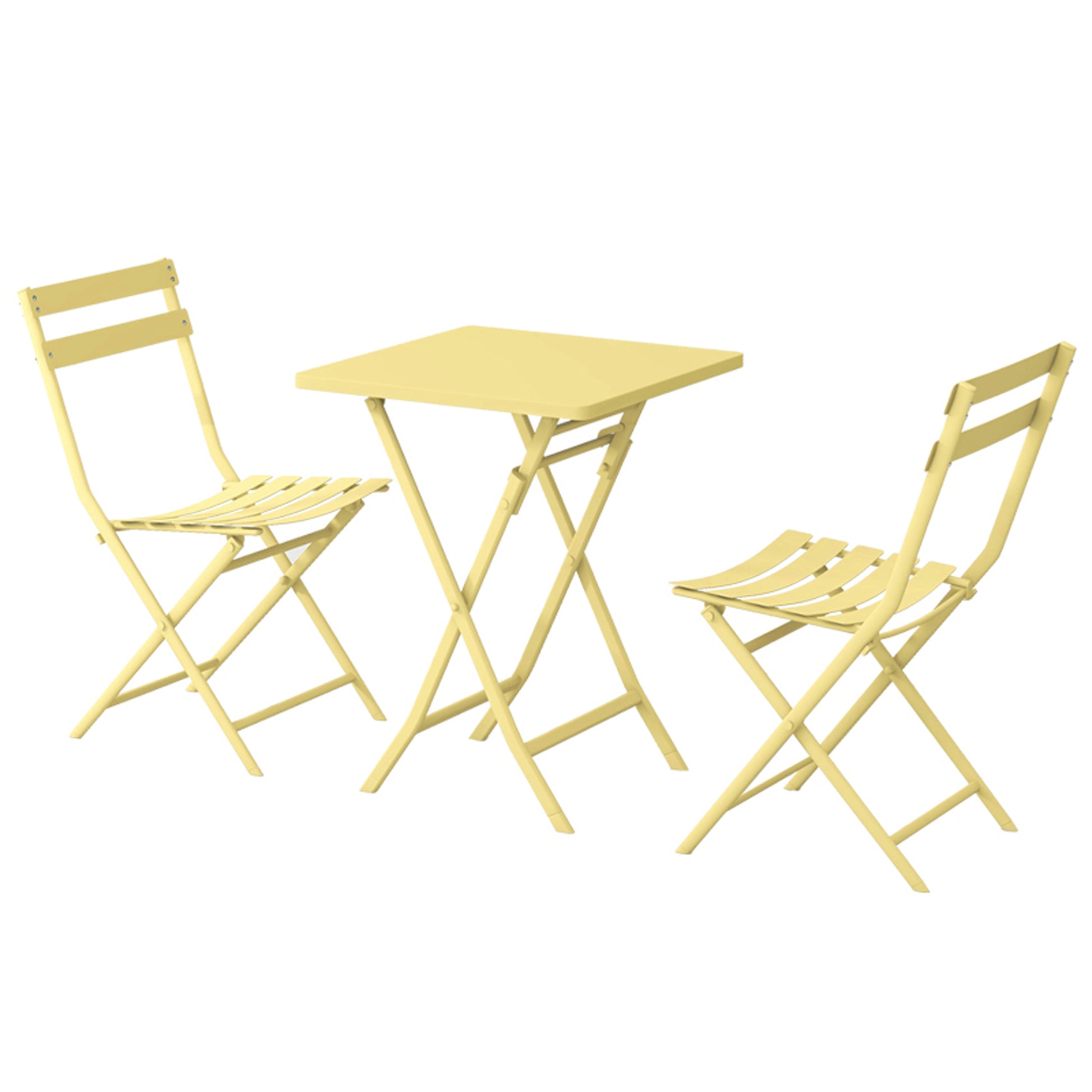 Yellow metal folding bistro set with two chairs and a square table