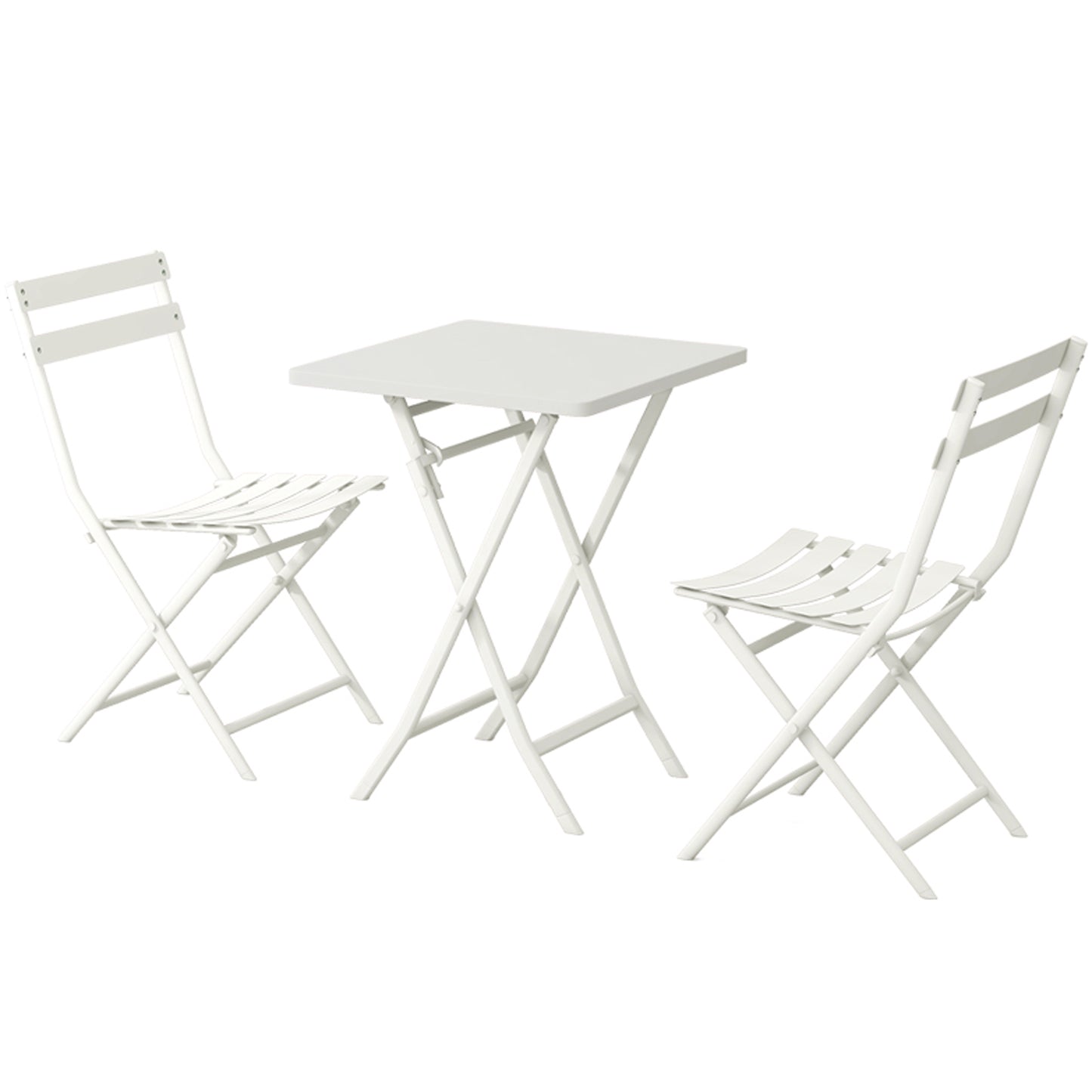 White metal bistro set with a square folding table and two slatted folding chairs for outdoor use