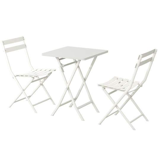 White metal bistro set with a square folding table and two slatted folding chairs for outdoor use
