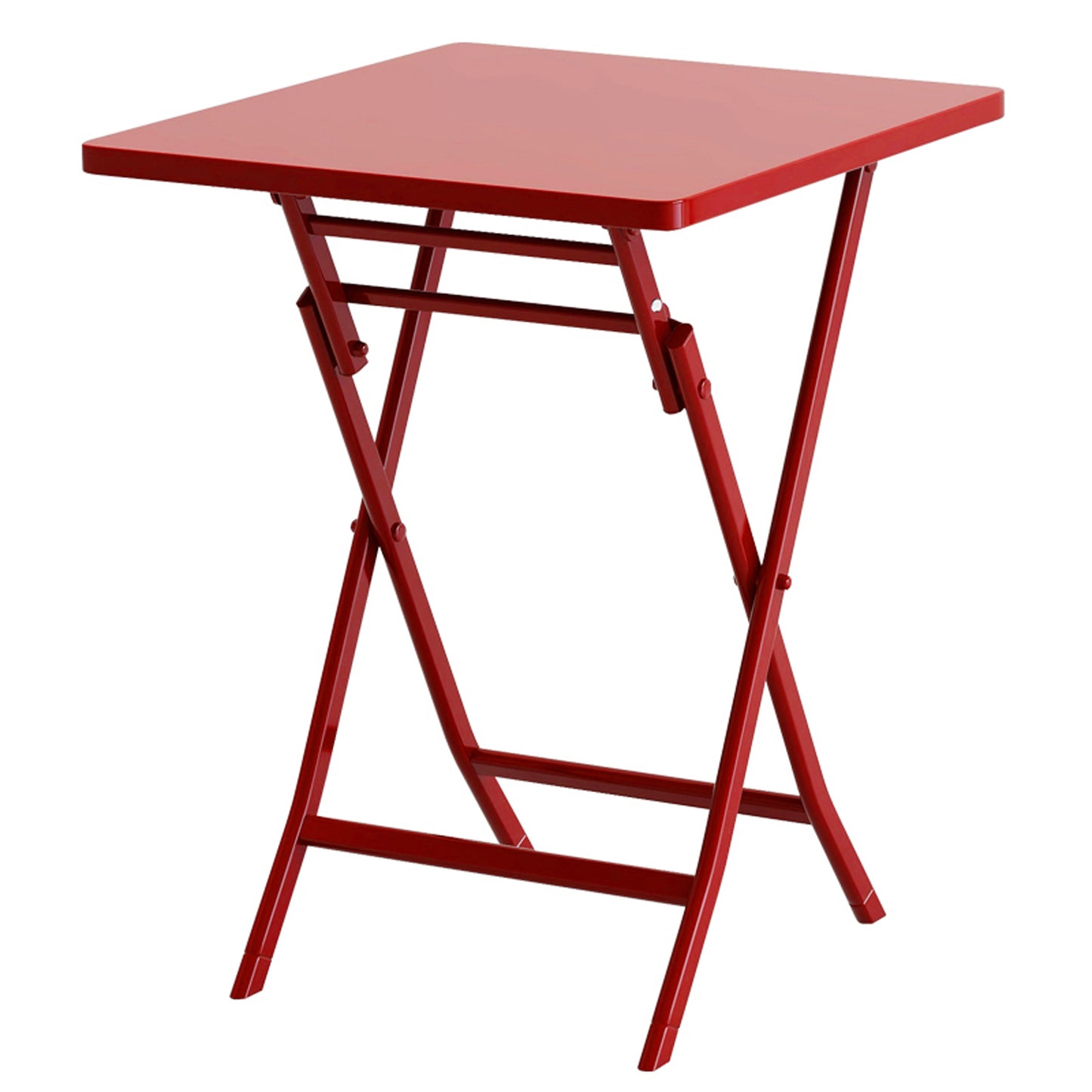 Red metal bistro table with foldable Xframe legs for outdoor use