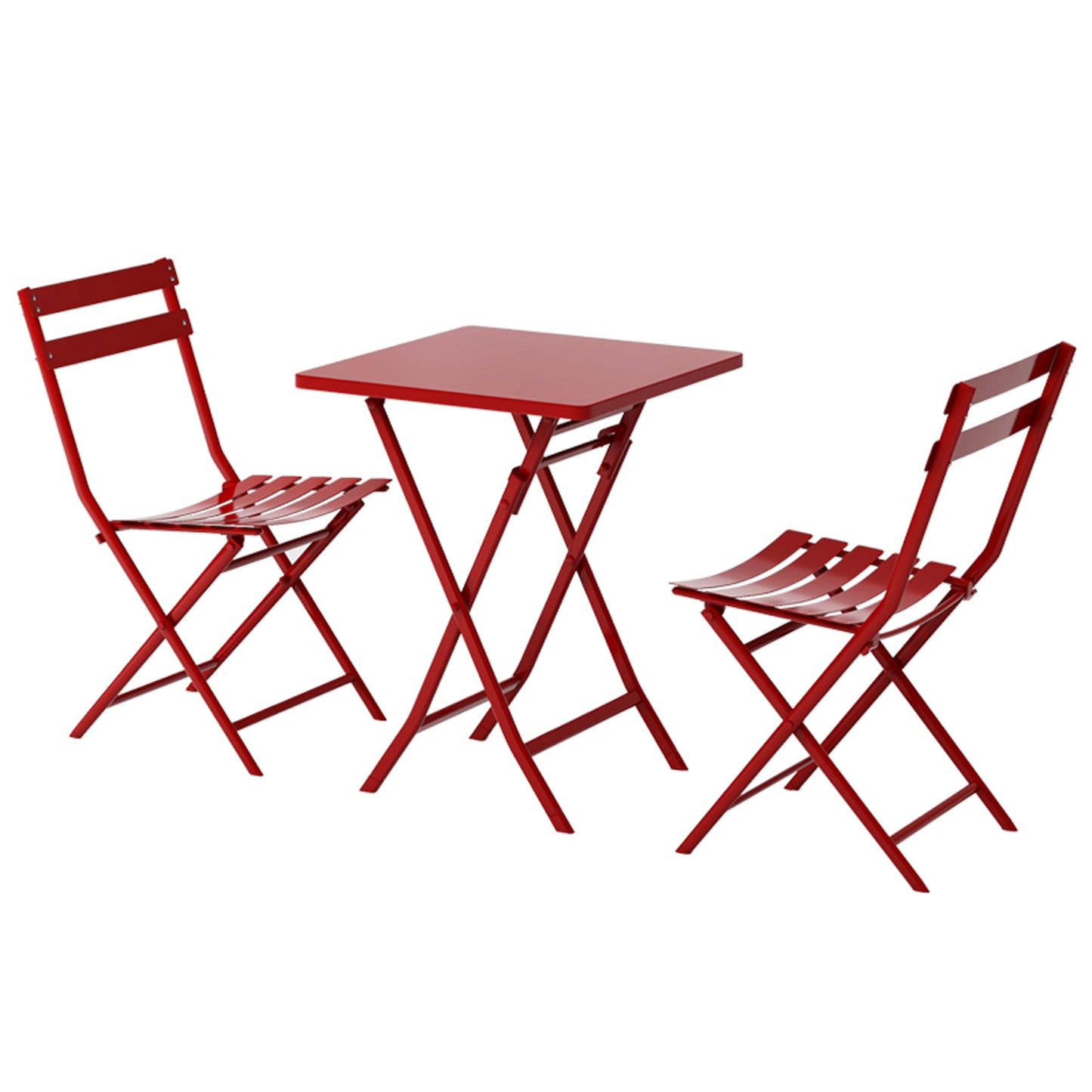 Red metal bistro set with folding table and two chairs perfect for small patios