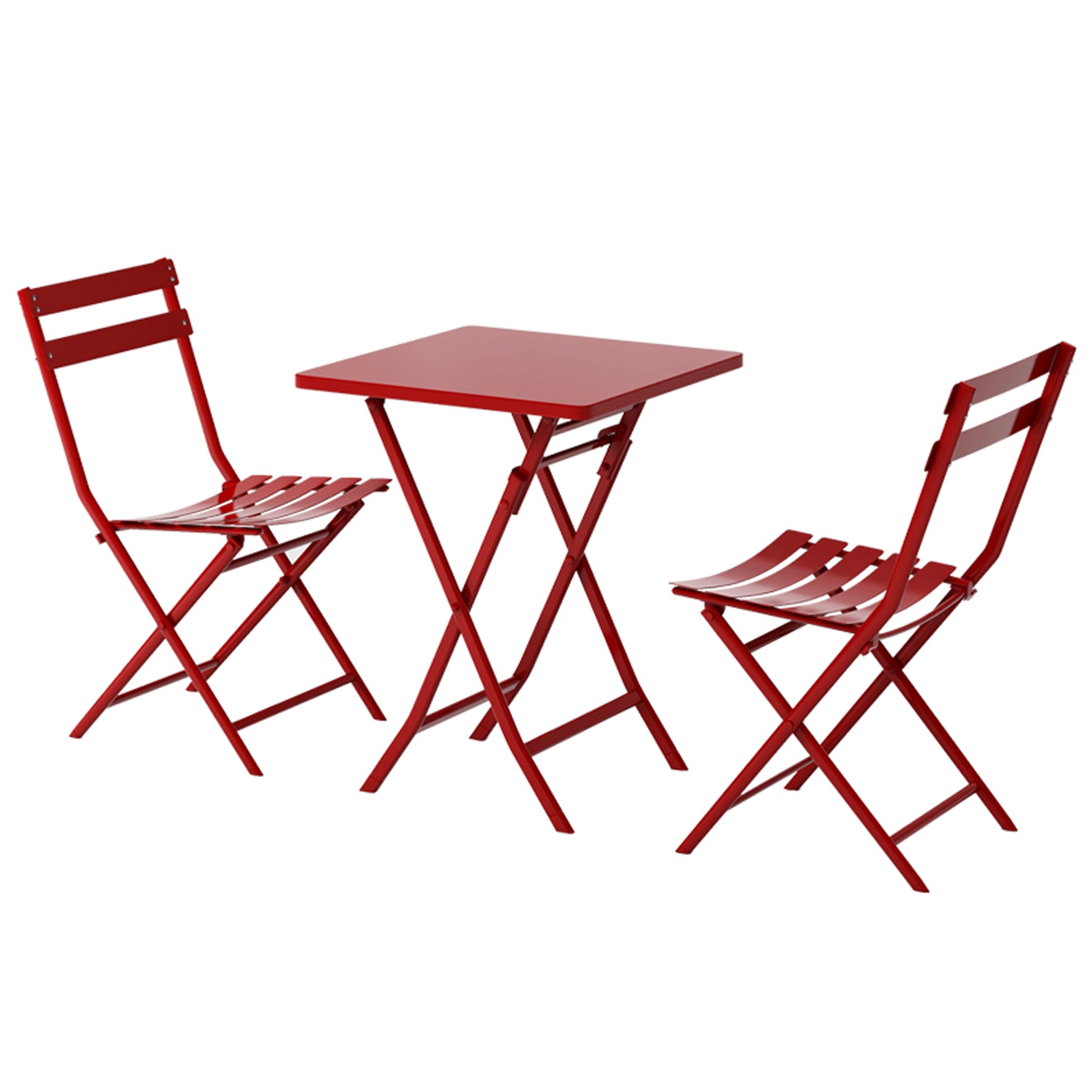 Red metal bistro set with folding table and two chairs perfect for small patios