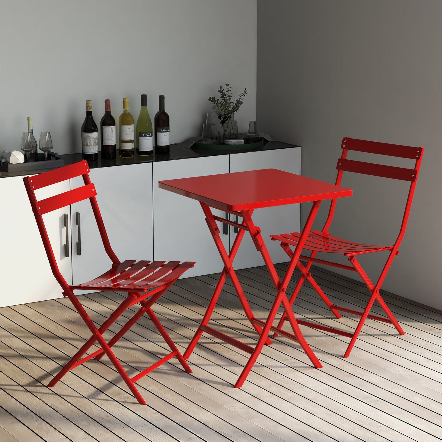 Red metal bistro set with foldable square table and chairs for outdoor seating