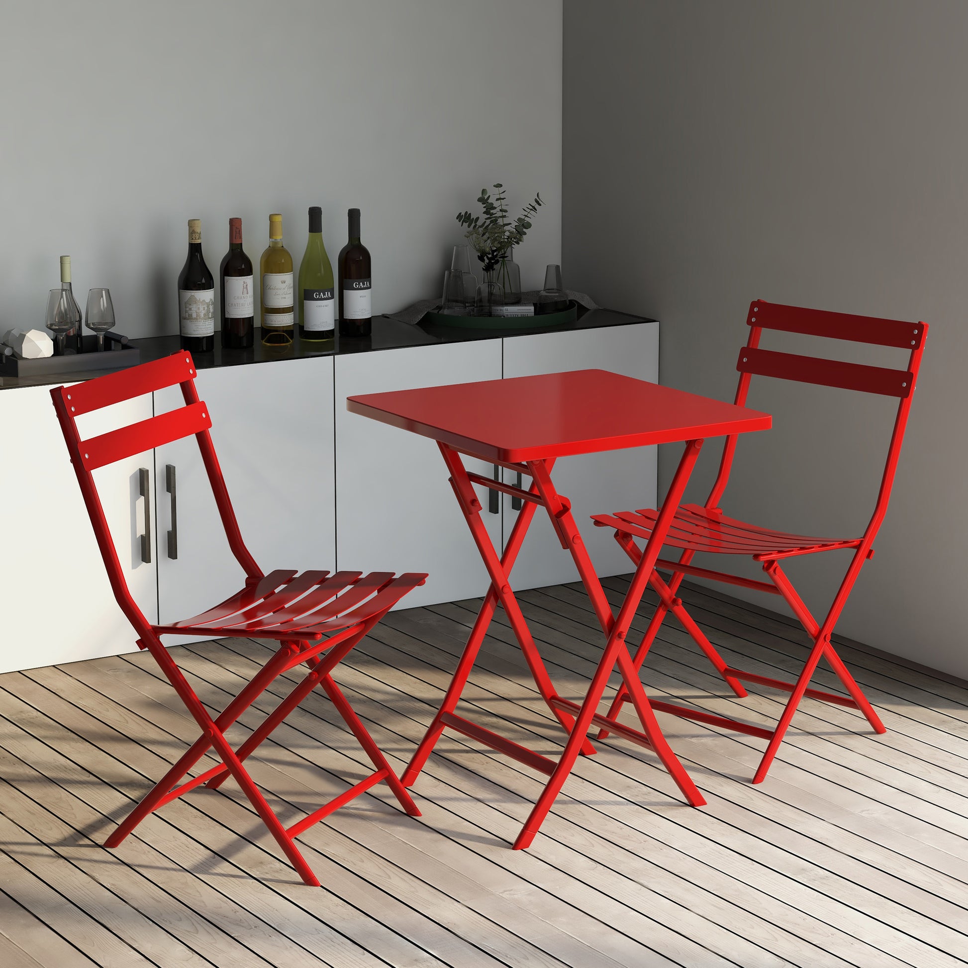 Red metal bistro set with foldable square table and chairs for outdoor seating