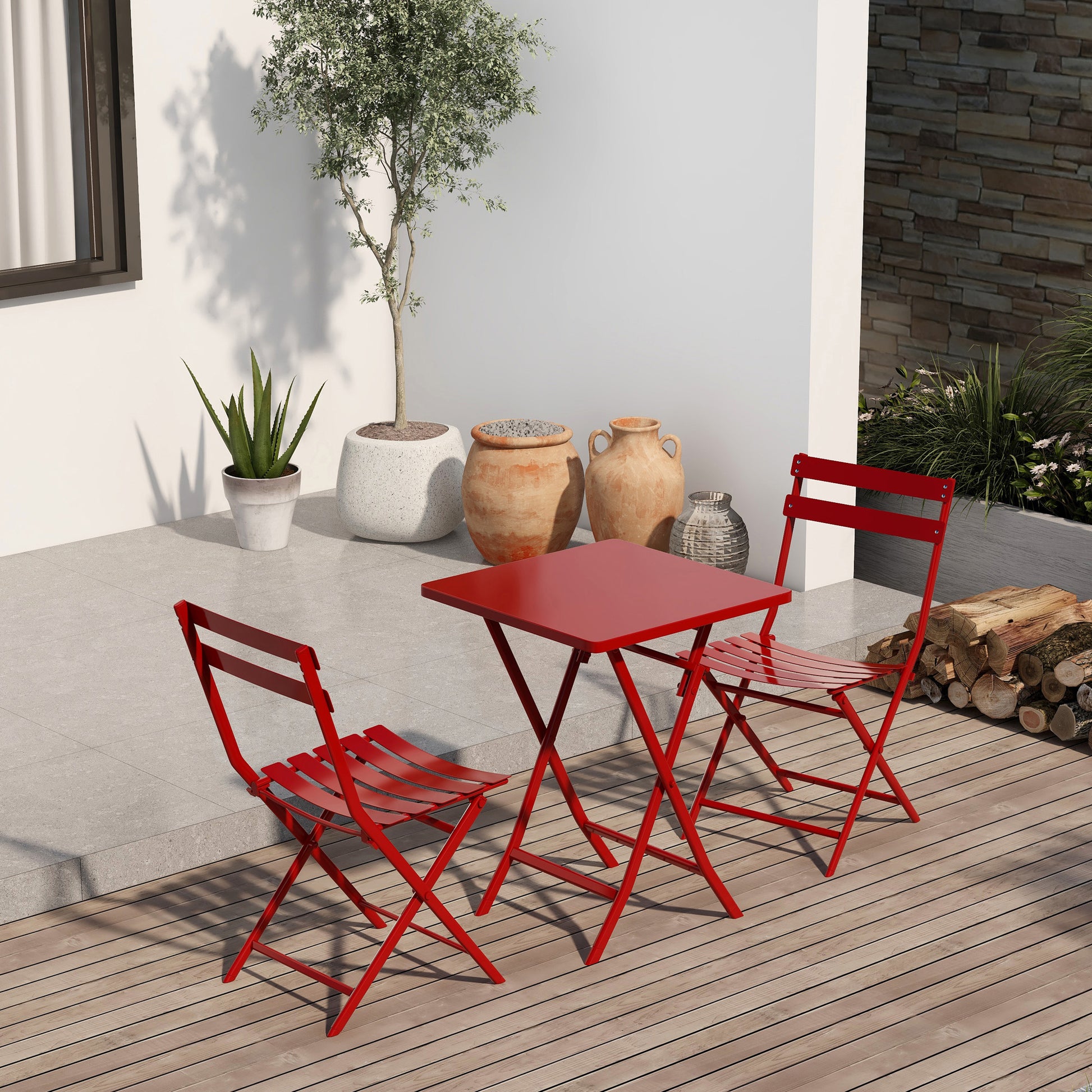Red metal bistro set with foldable table and two chairs perfect for small patios