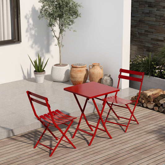 Red metal bistro set with foldable table and two chairs perfect for small patios