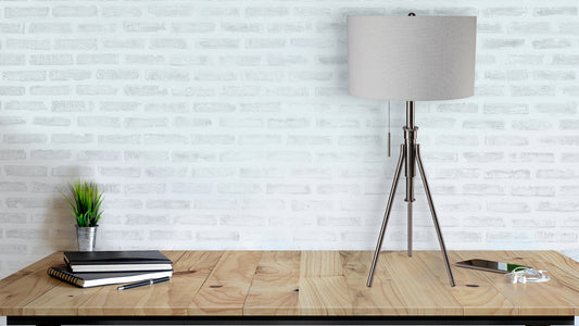 Modern tripod floor lamp with beige linen shade ideal for home office lighting
