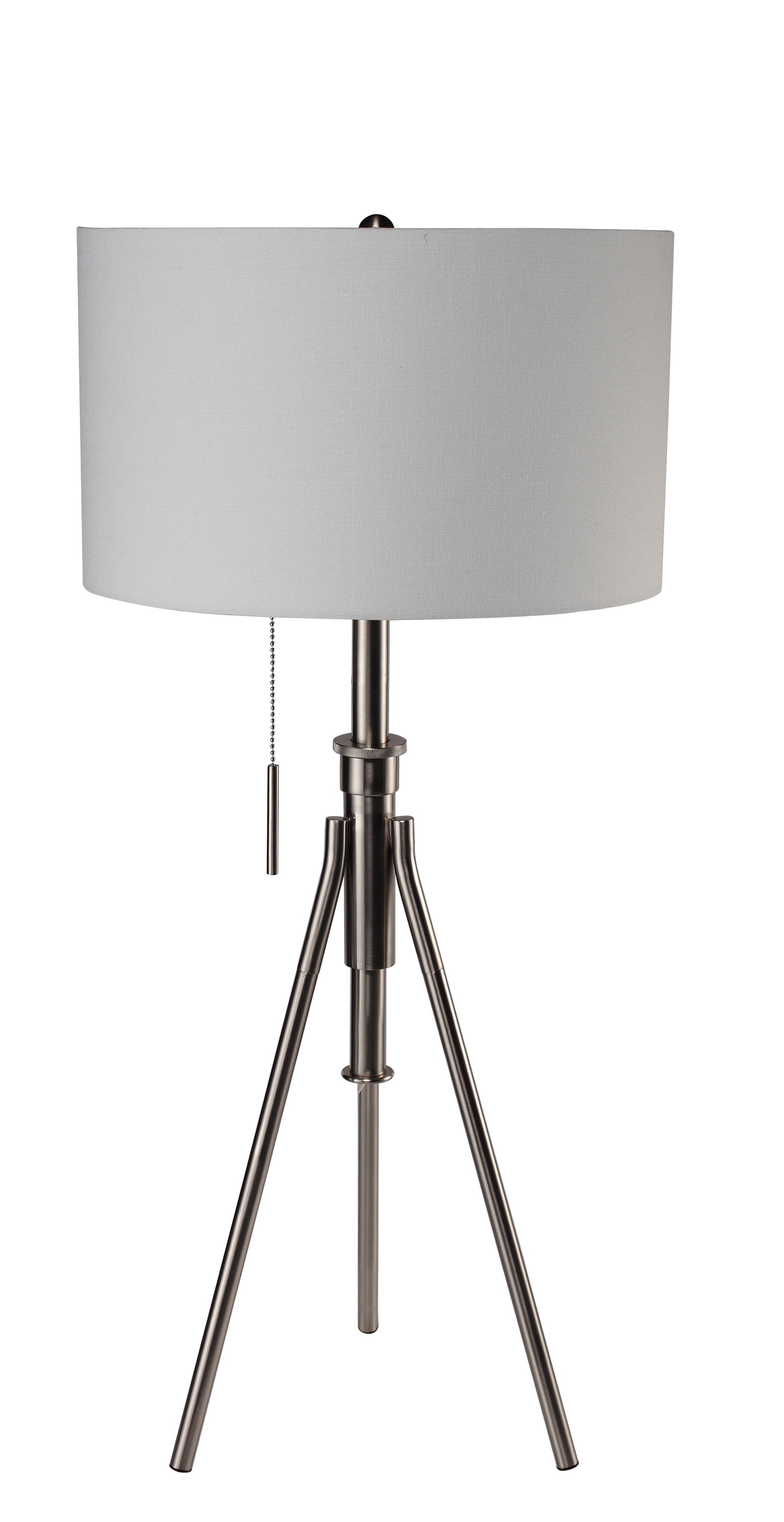 Brushed nickel tripod floor lamp with a textured white drum shade and pull chain