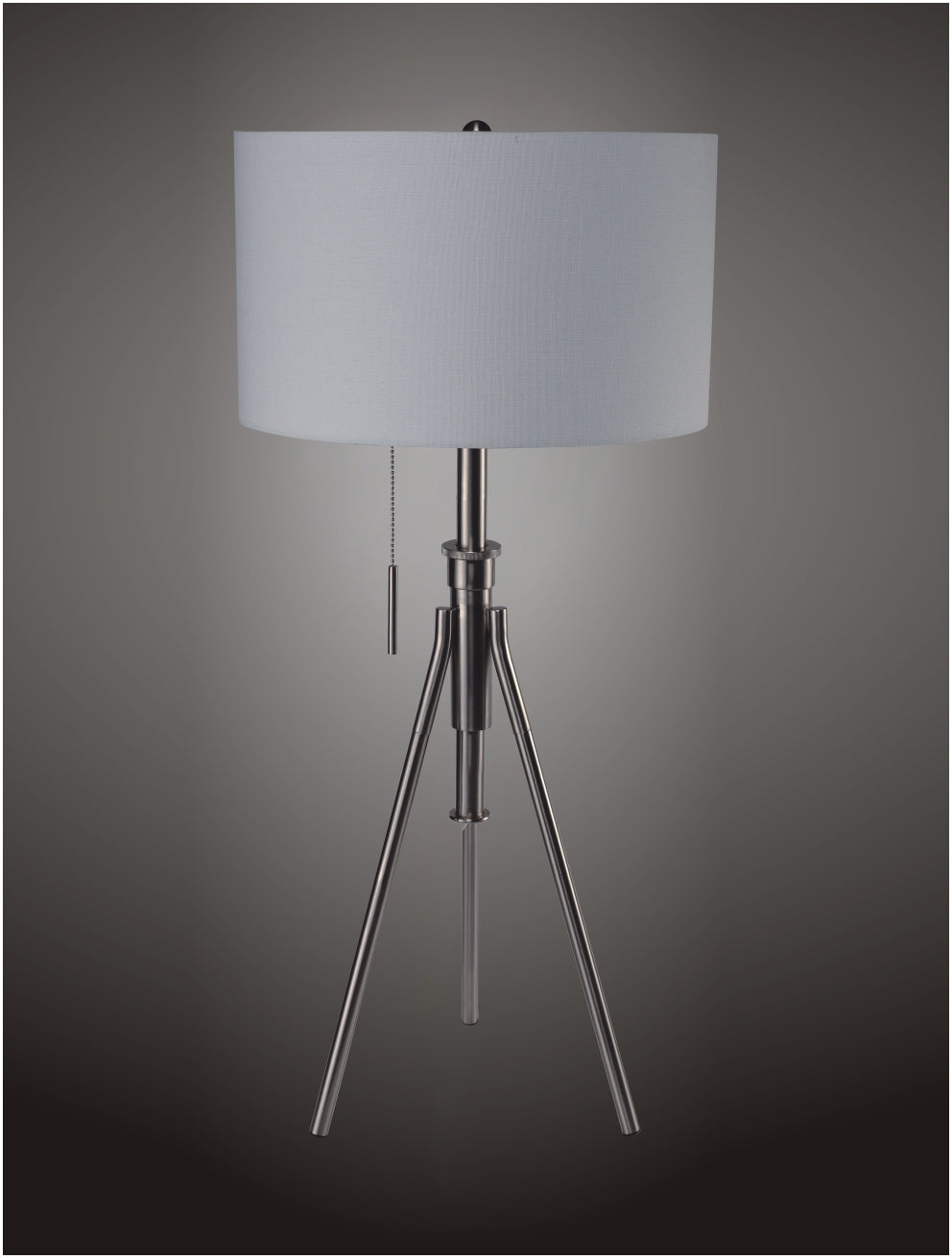 Silver tripod floor lamp with light grey drum shade and pull chain