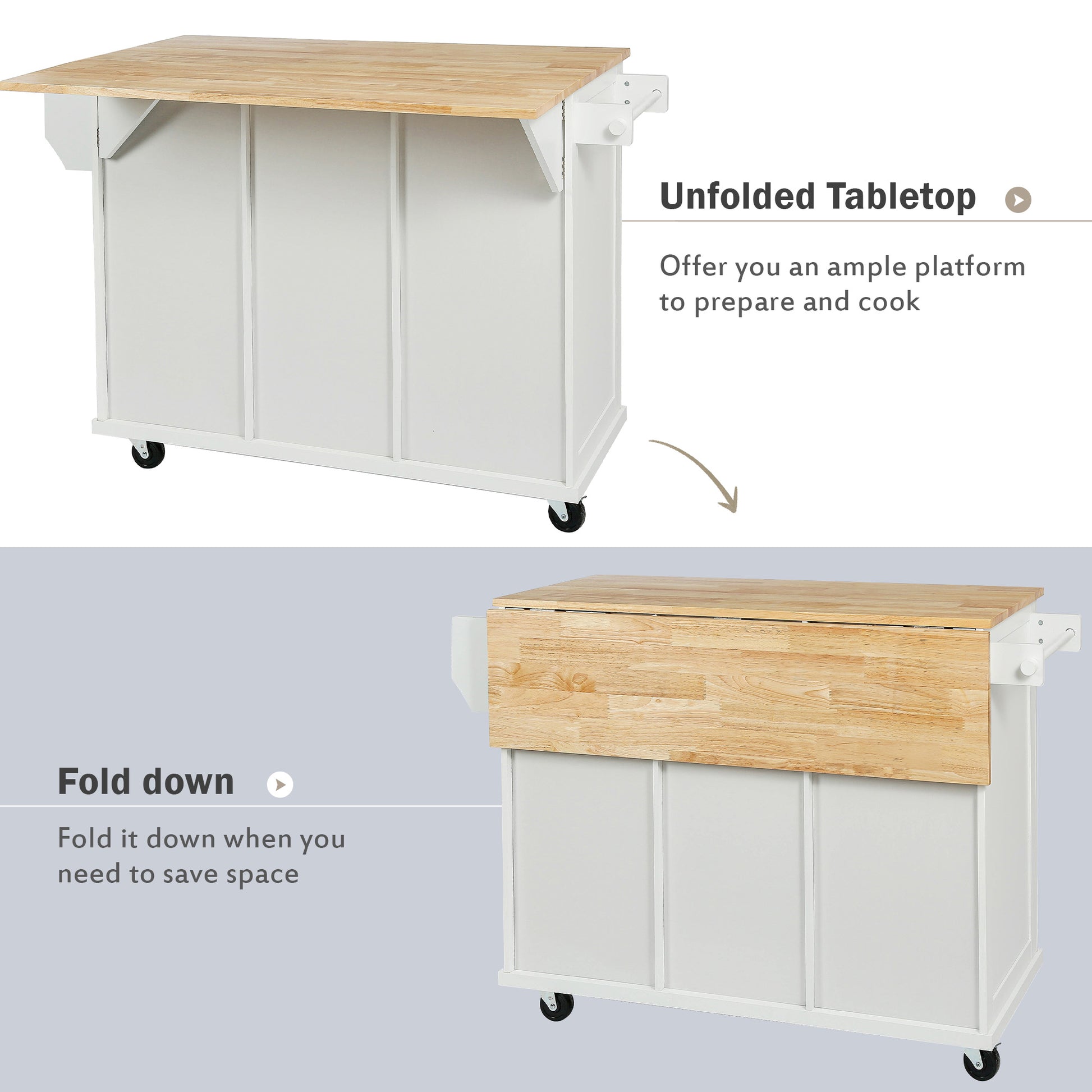 White kitchen cart with natural wood dropleaf tabletop unfolded for ample prep space