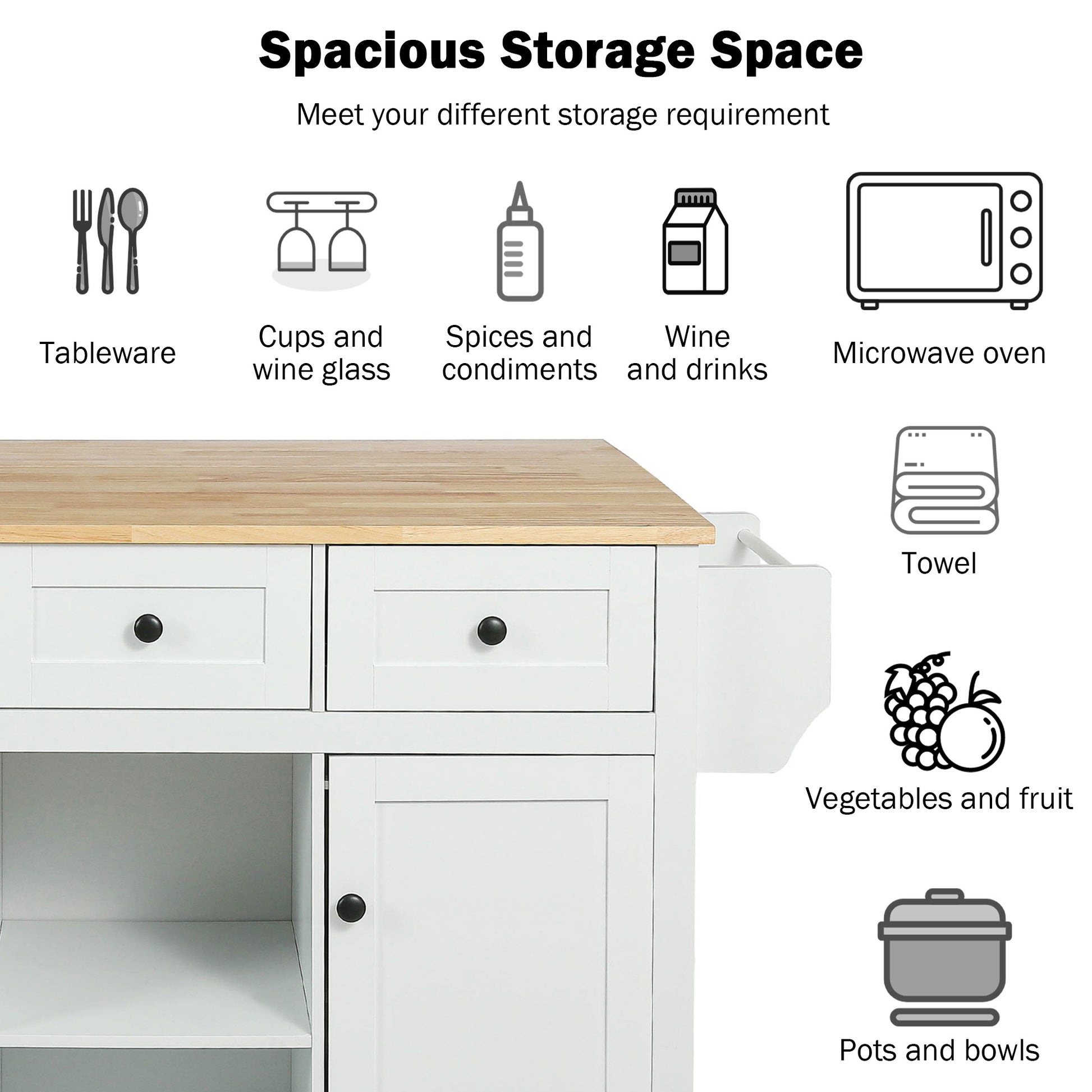 White kitchen cart with natural wood top for storing tableware