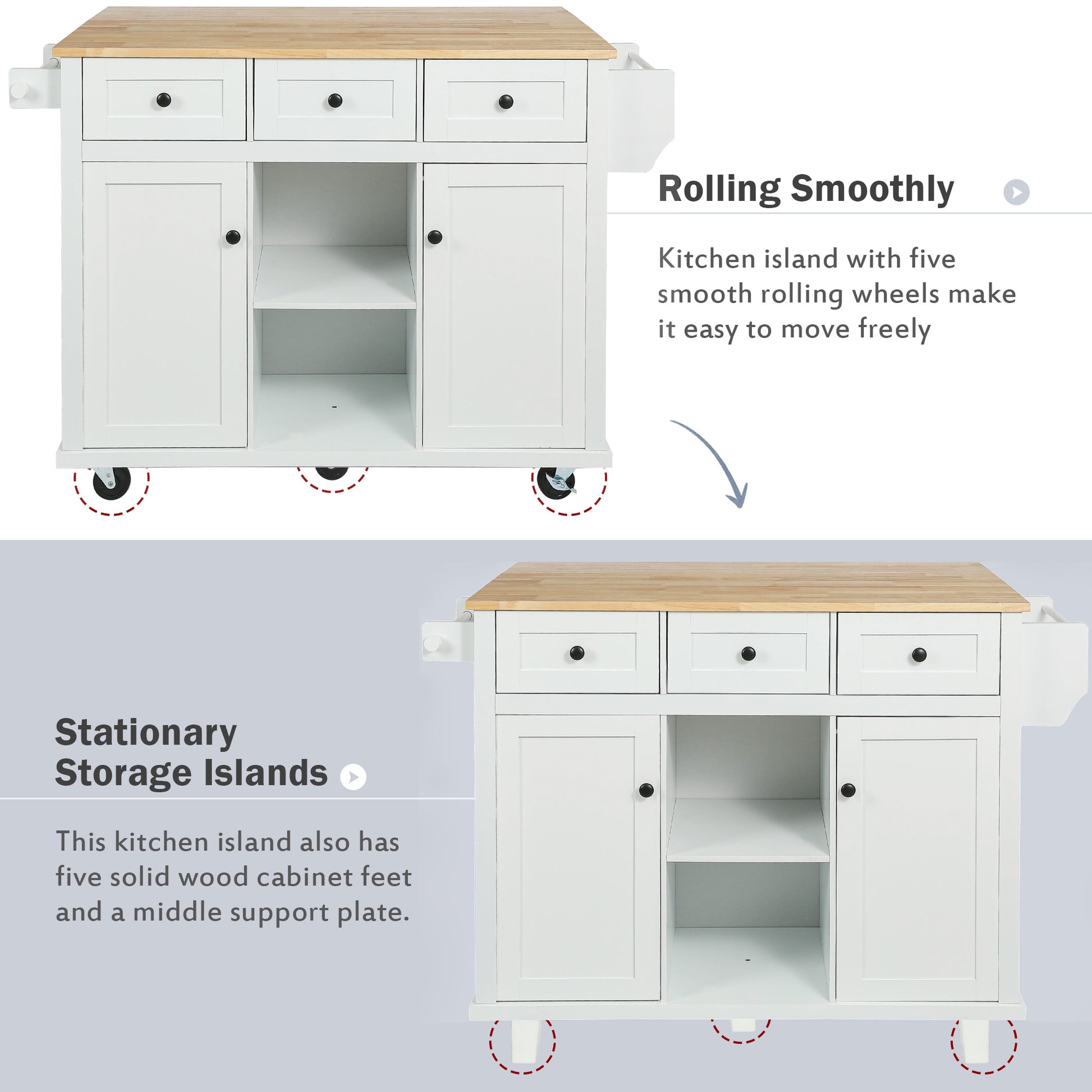 White rolling kitchen island with butcher block top and five drawers
