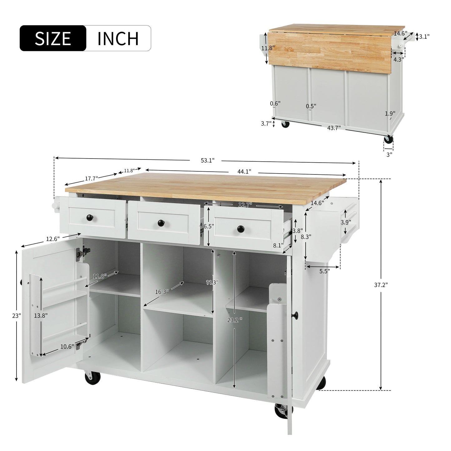 White kitchen island with dropleaf extension and wooden countertop
