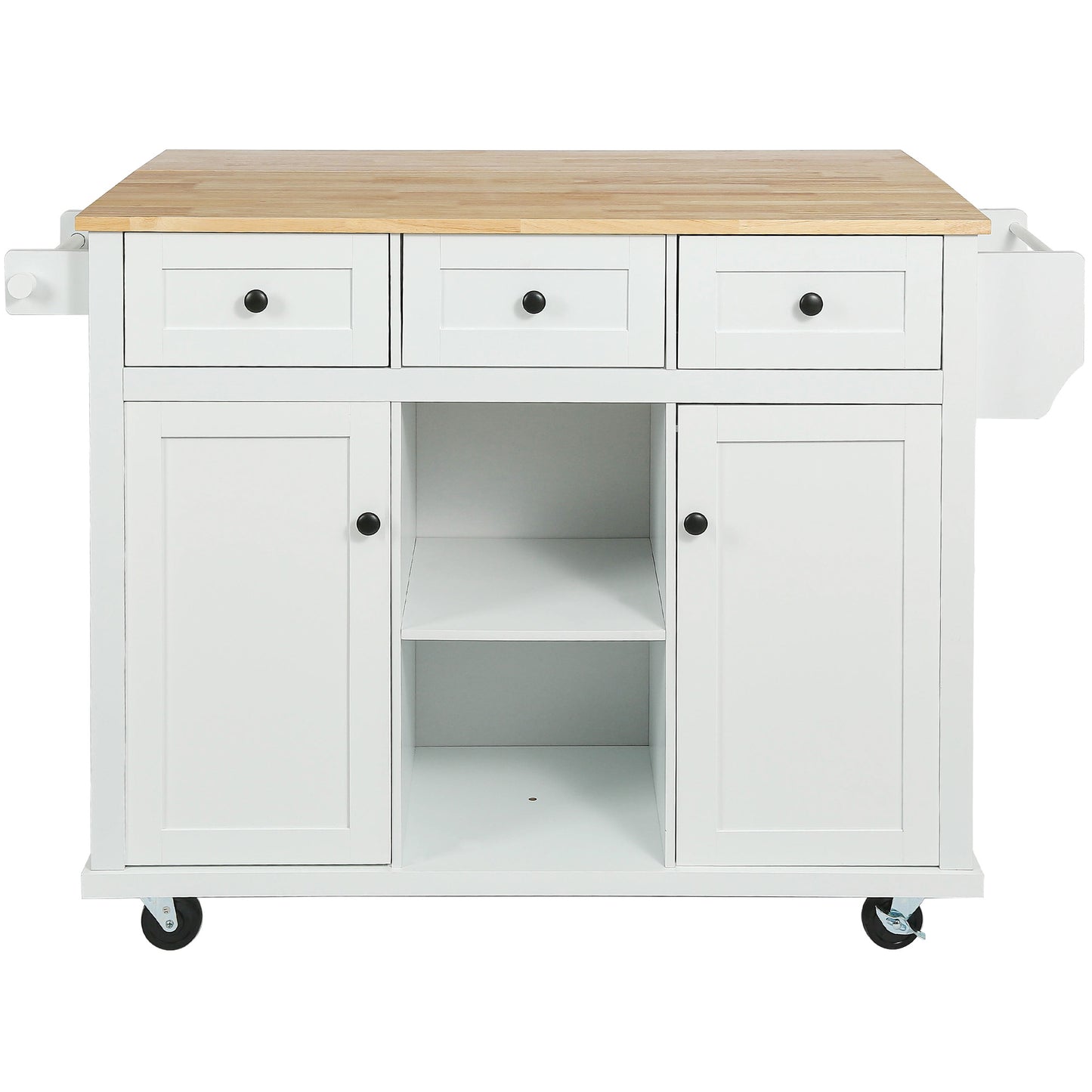 White kitchen island with wooden butcher block top three drawers two cabinets and casters for easy mobility