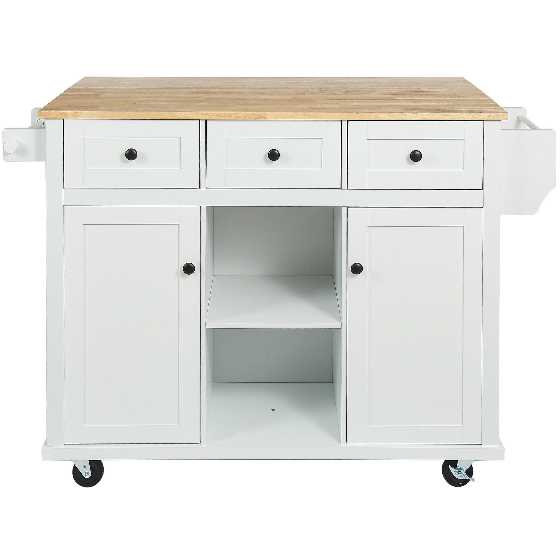 White kitchen island with wooden butcher block top three drawers two cabinets and casters for easy mobility
