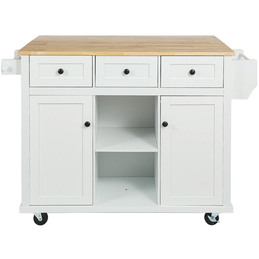 White kitchen island with wooden butcher block top three drawers two cabinets and casters for easy mobility