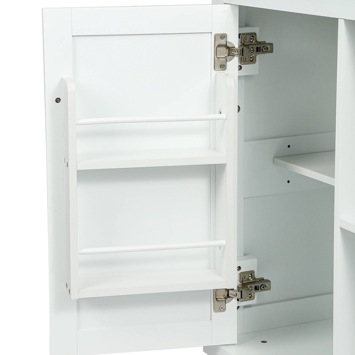 White bathroom cabinet with open door showcasing interior shelves and hinges
