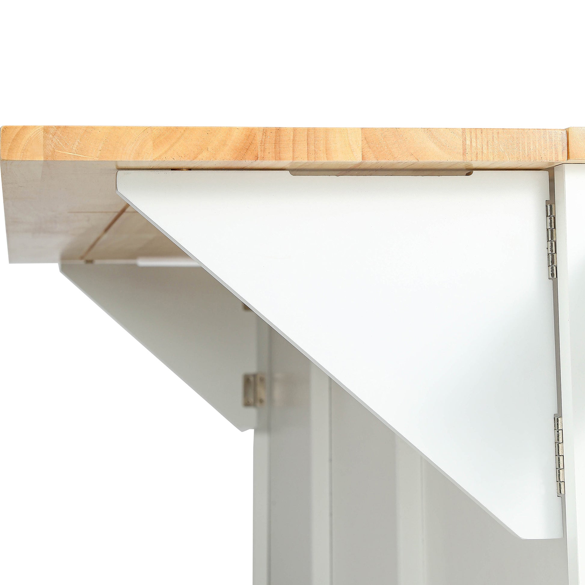 Solid wood butcher block countertop with white support brackets and hinges