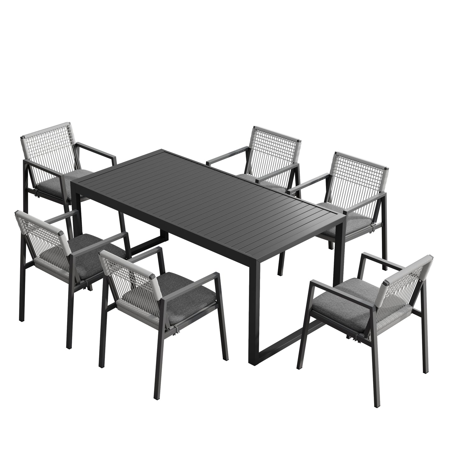 Modern dark gray aluminum patio dining set with six ropeaccented chairs
