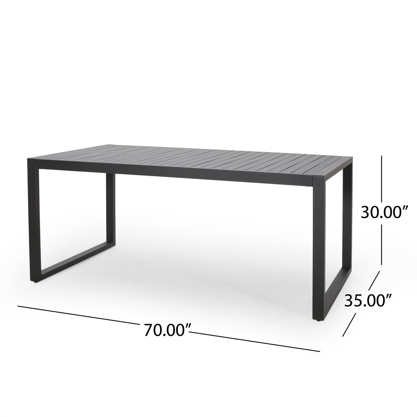 Modern black metal patio dining table with slatted top and geometric legs