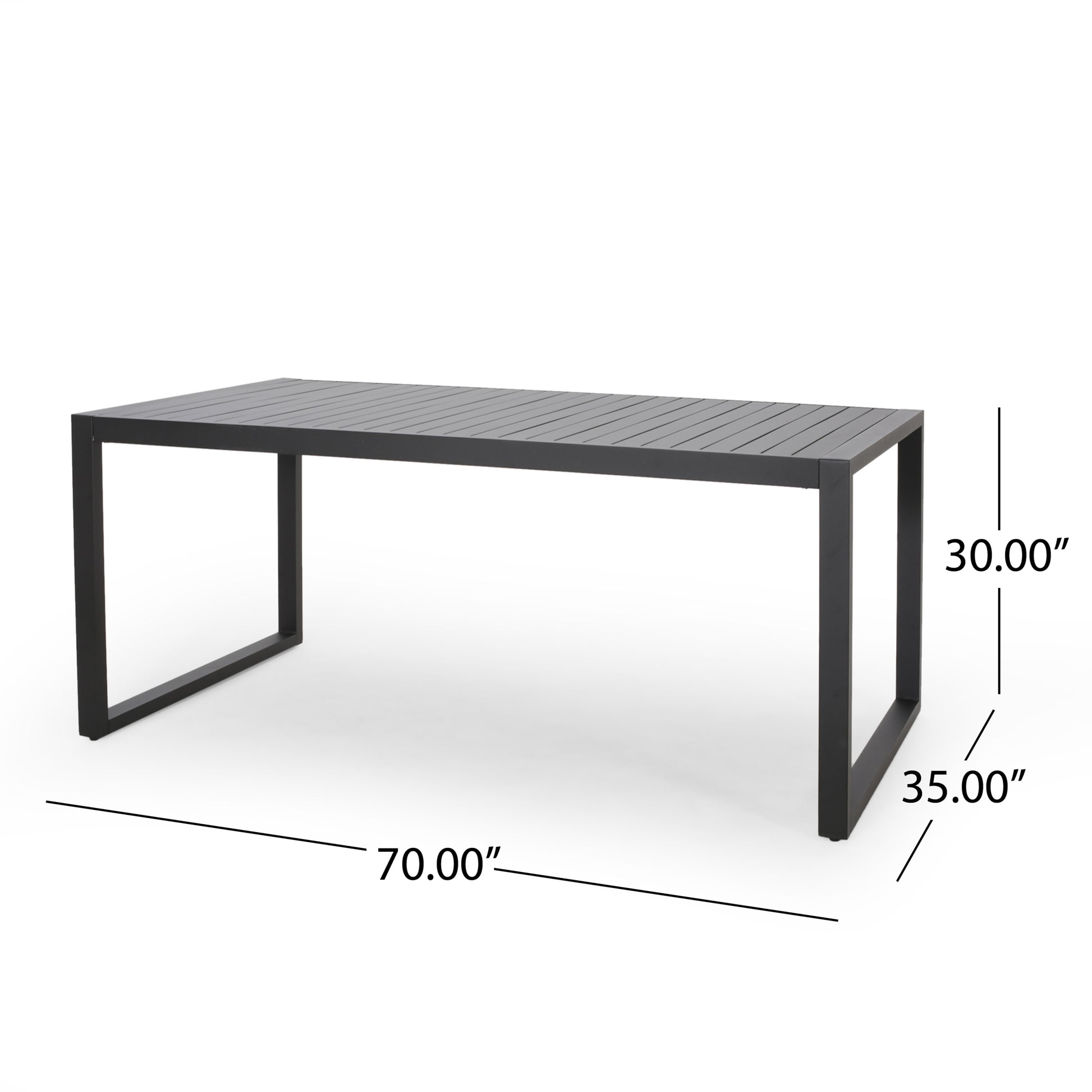Modern black metal patio dining table with slatted top and geometric legs