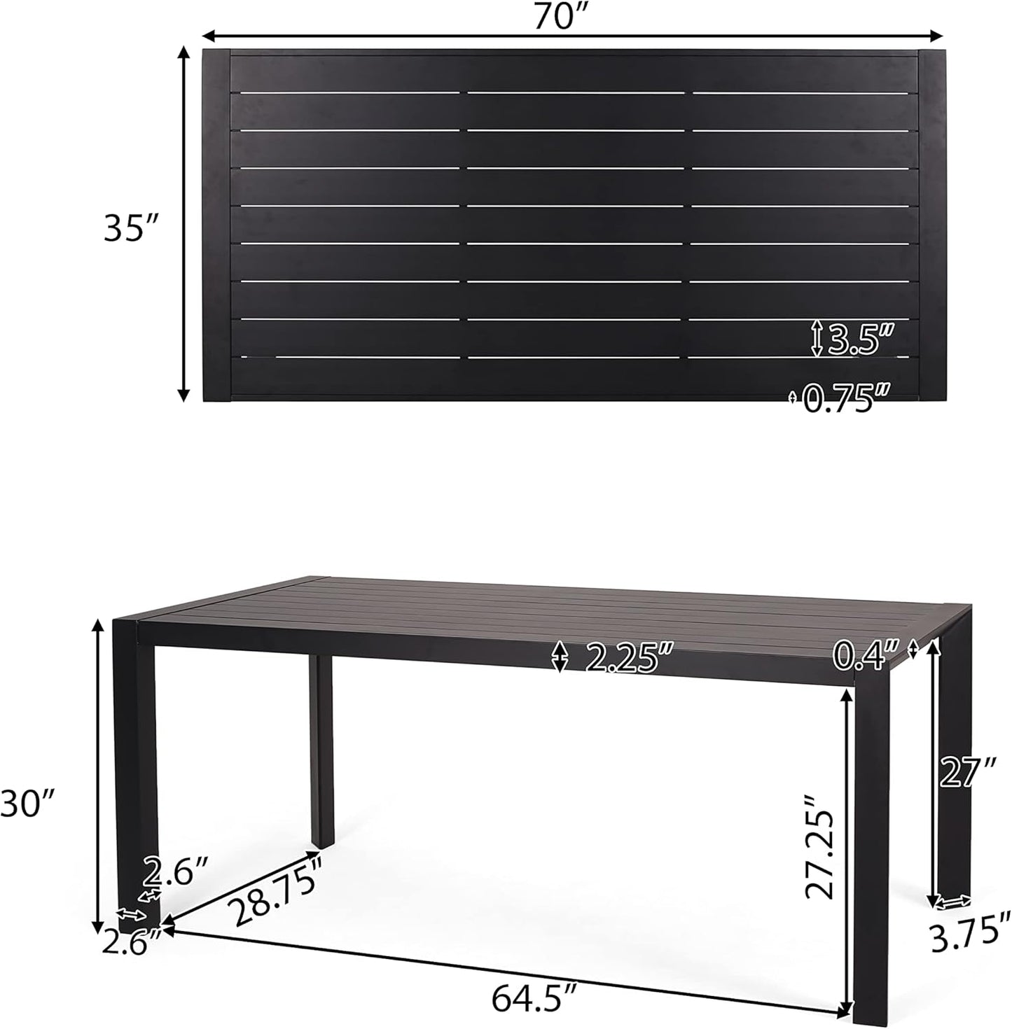 Black slatted rectangular patio dining table with dimensions  x  x
