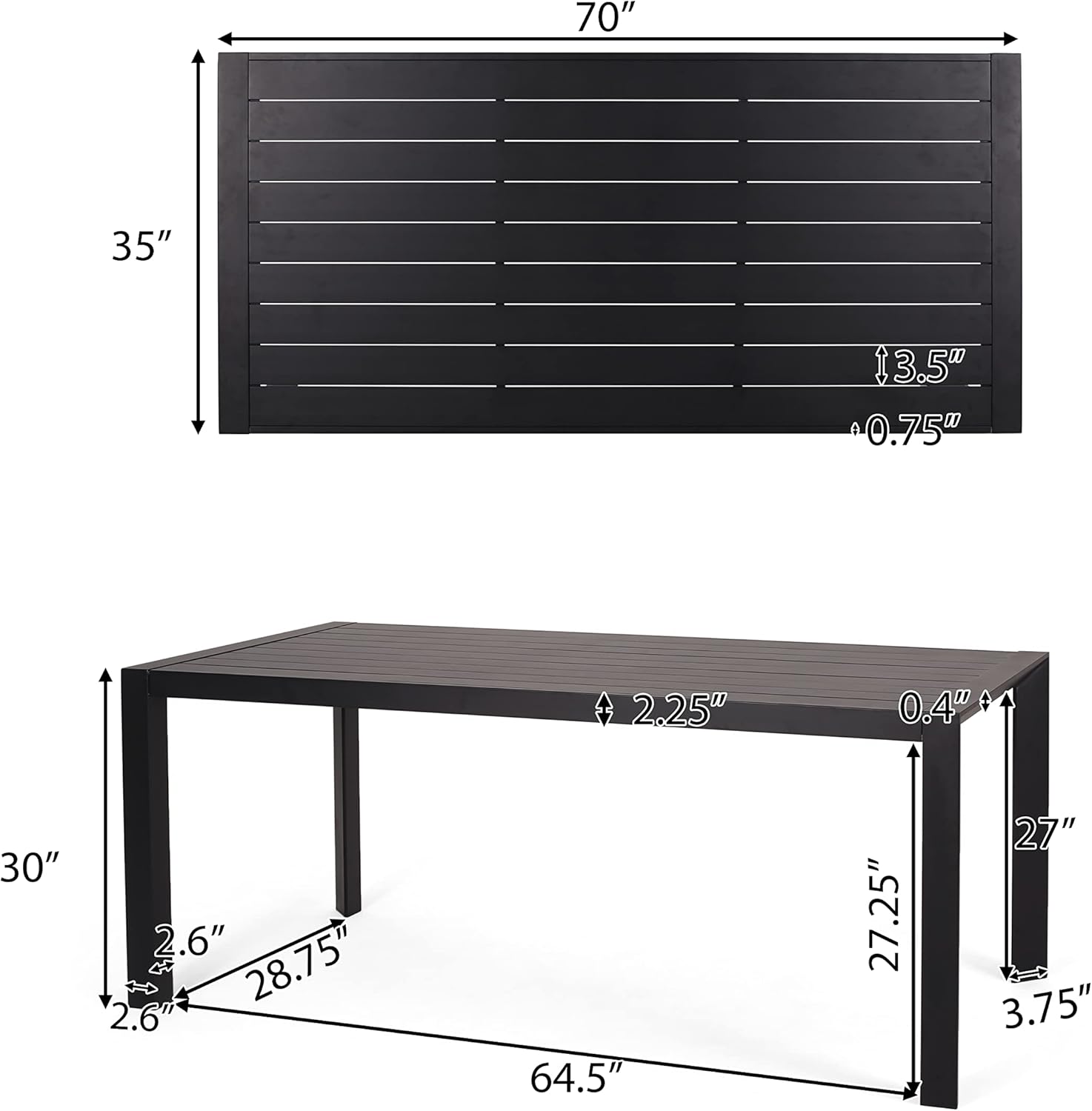 Black slatted rectangular patio dining table with dimensions  x  x