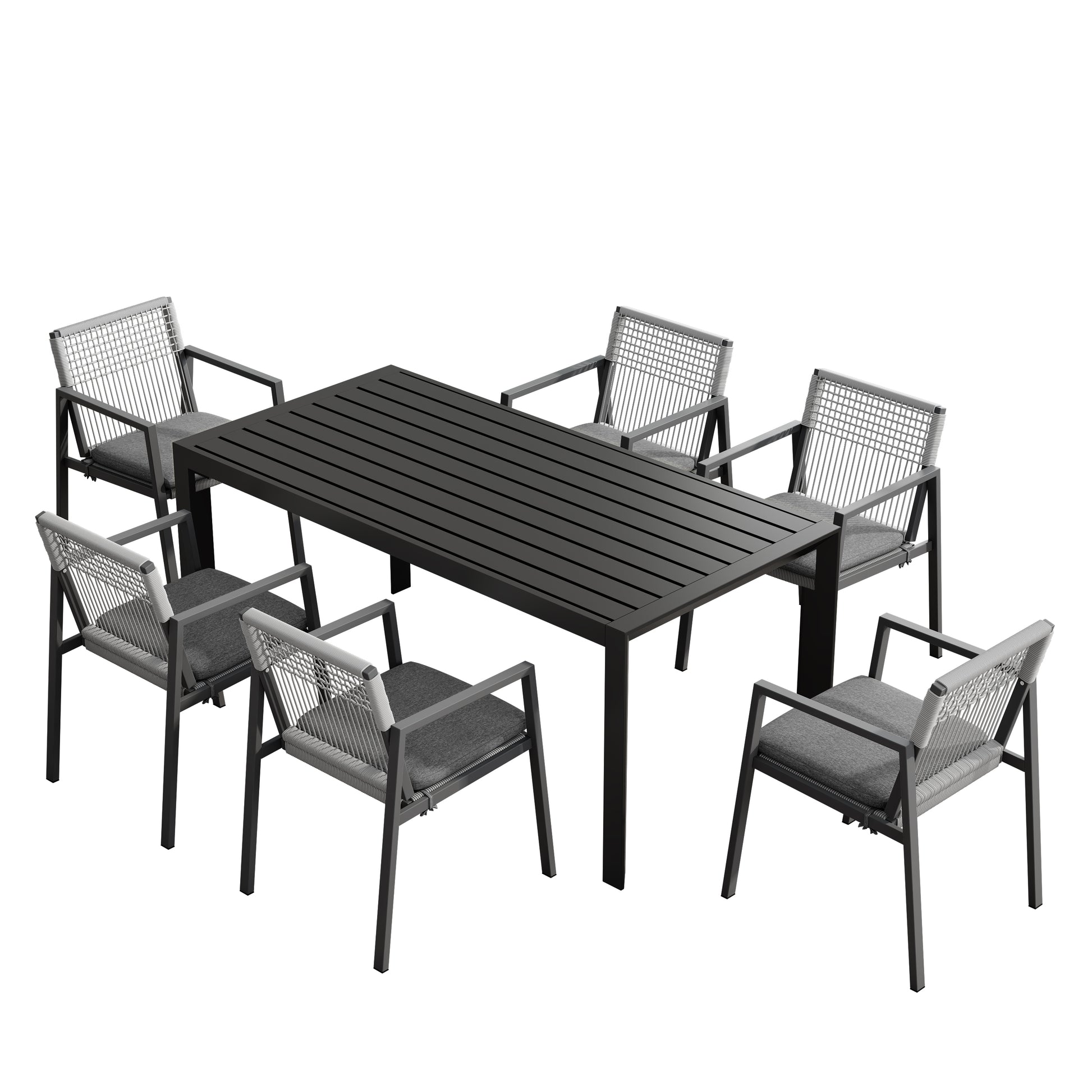 Dark gray aluminum patio dining set with ropeback chairs and gray cushions