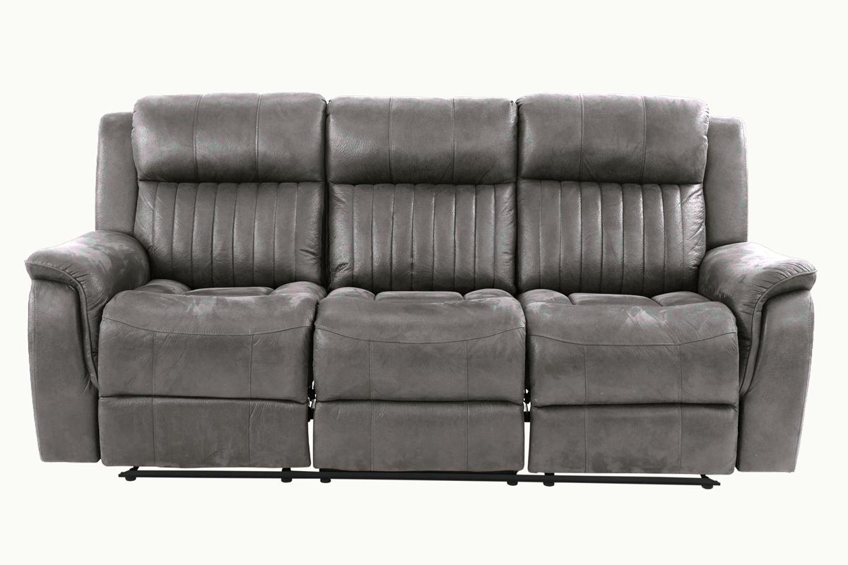 Gray reclining sofa with plush cushions and tufted backrests for ultimate comfort