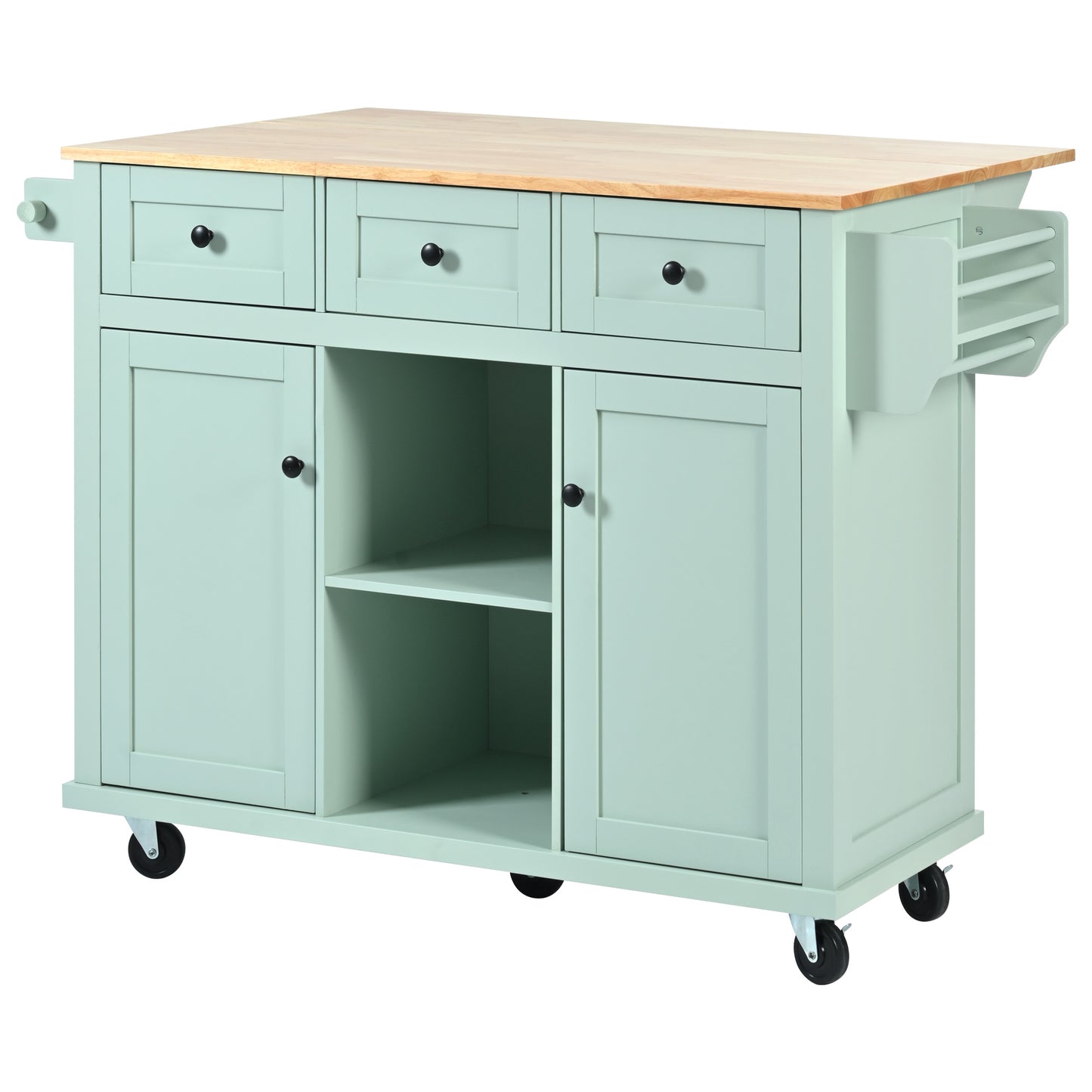 Pastel green kitchen cart with butcher block top and black knobs
