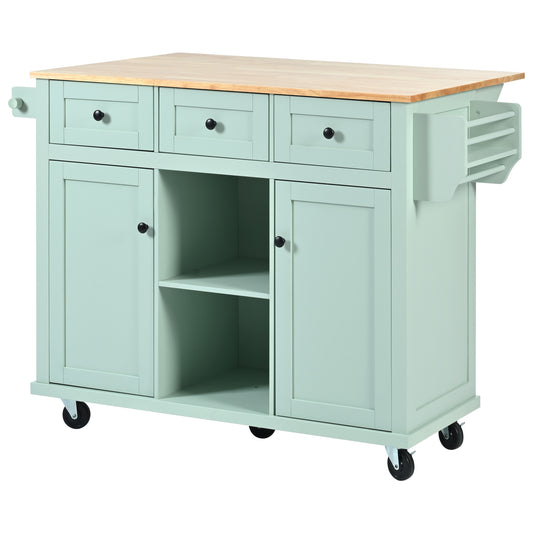 Pastel green kitchen cart with butcher block top and black knobs