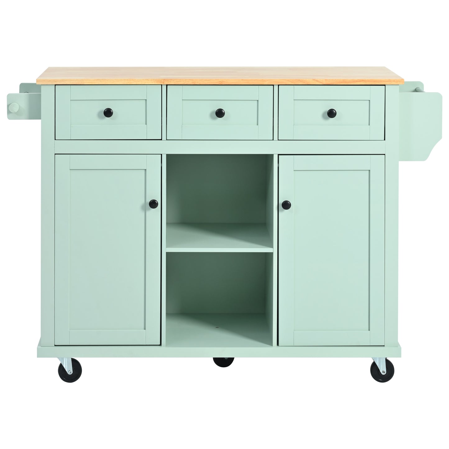 Light blue kitchen cart with butcher block top three drawers two cabinets and open shelves on wheels