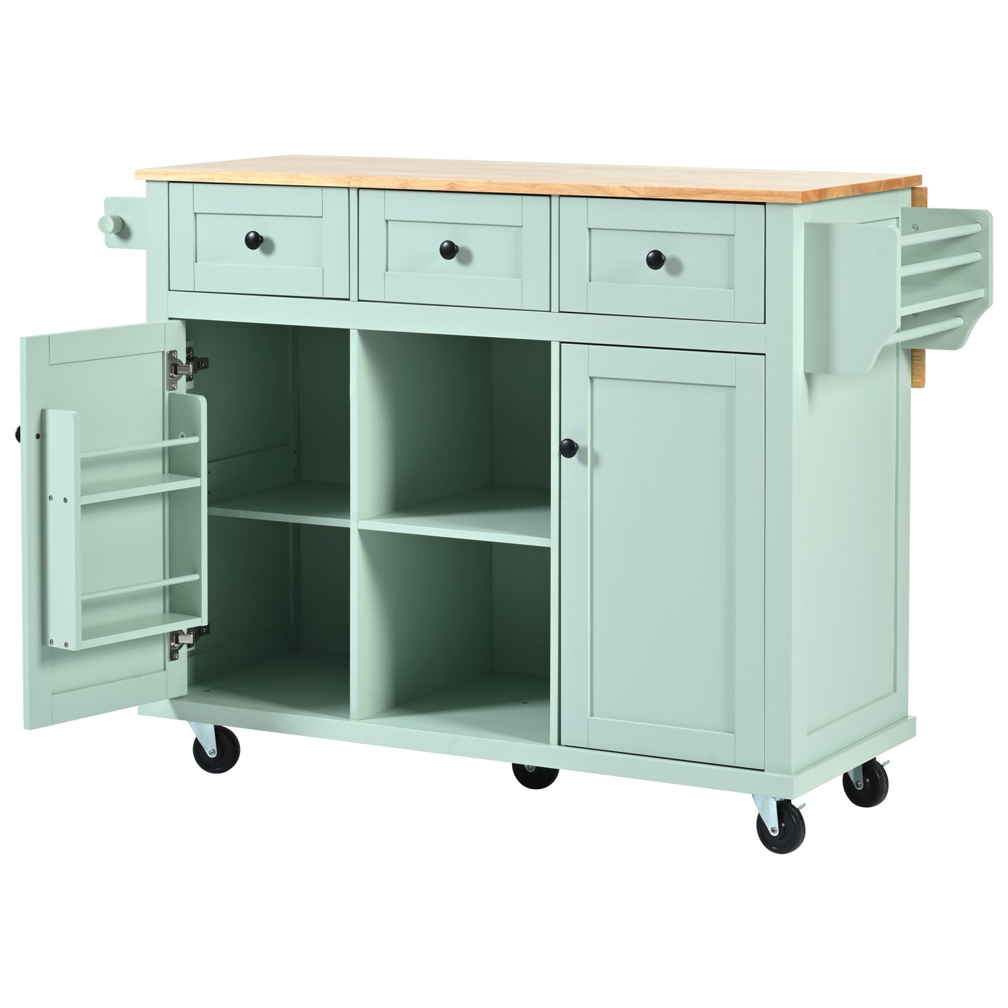 Light blue kitchen island cart with three drawers and open shelving