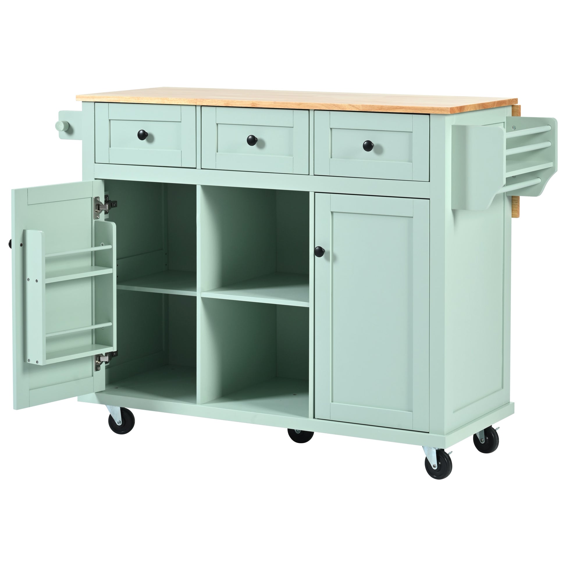 Light blue kitchen island cart with three drawers and open shelving