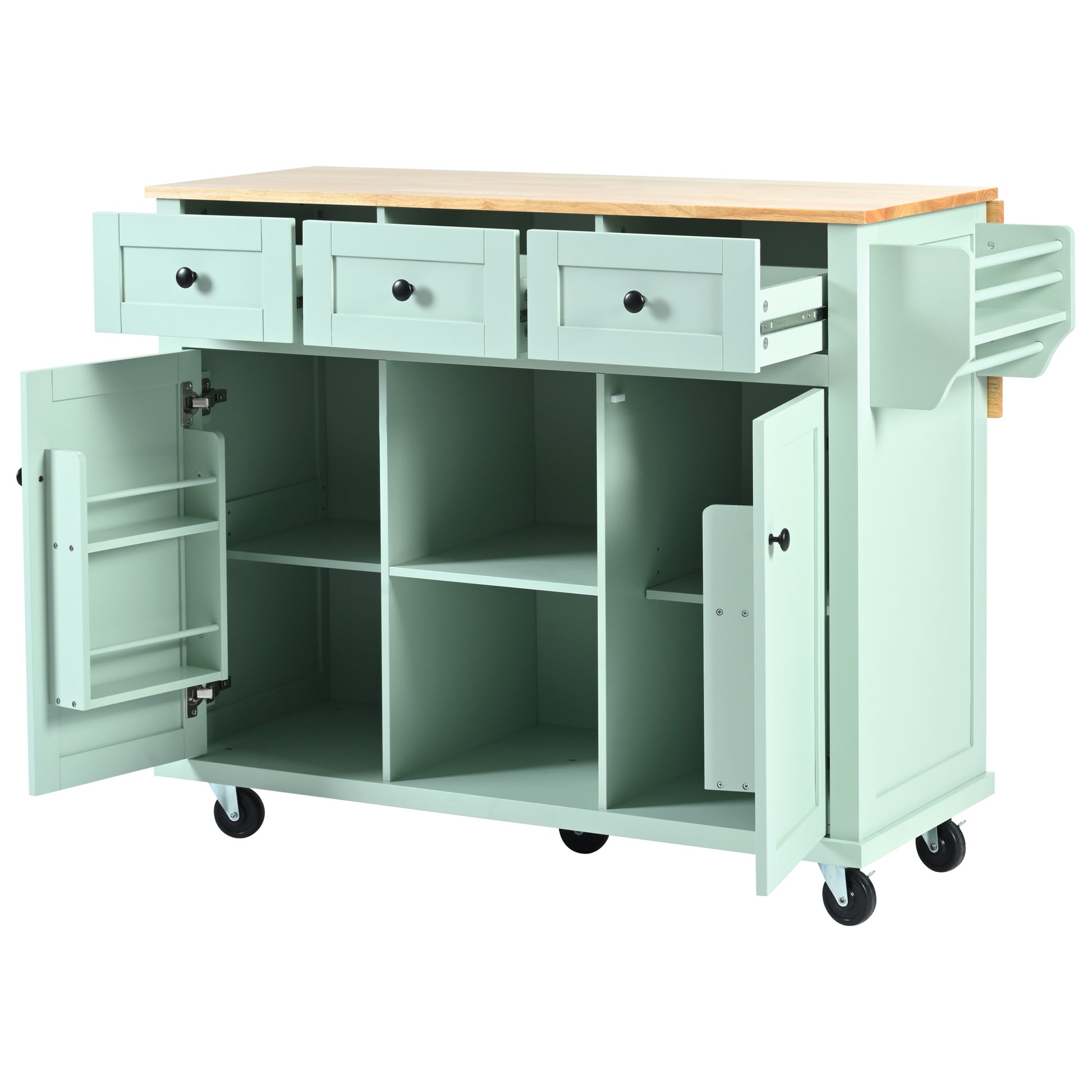Light green kitchen island with butcher block top three drawers and open shelving with casters for easy movement