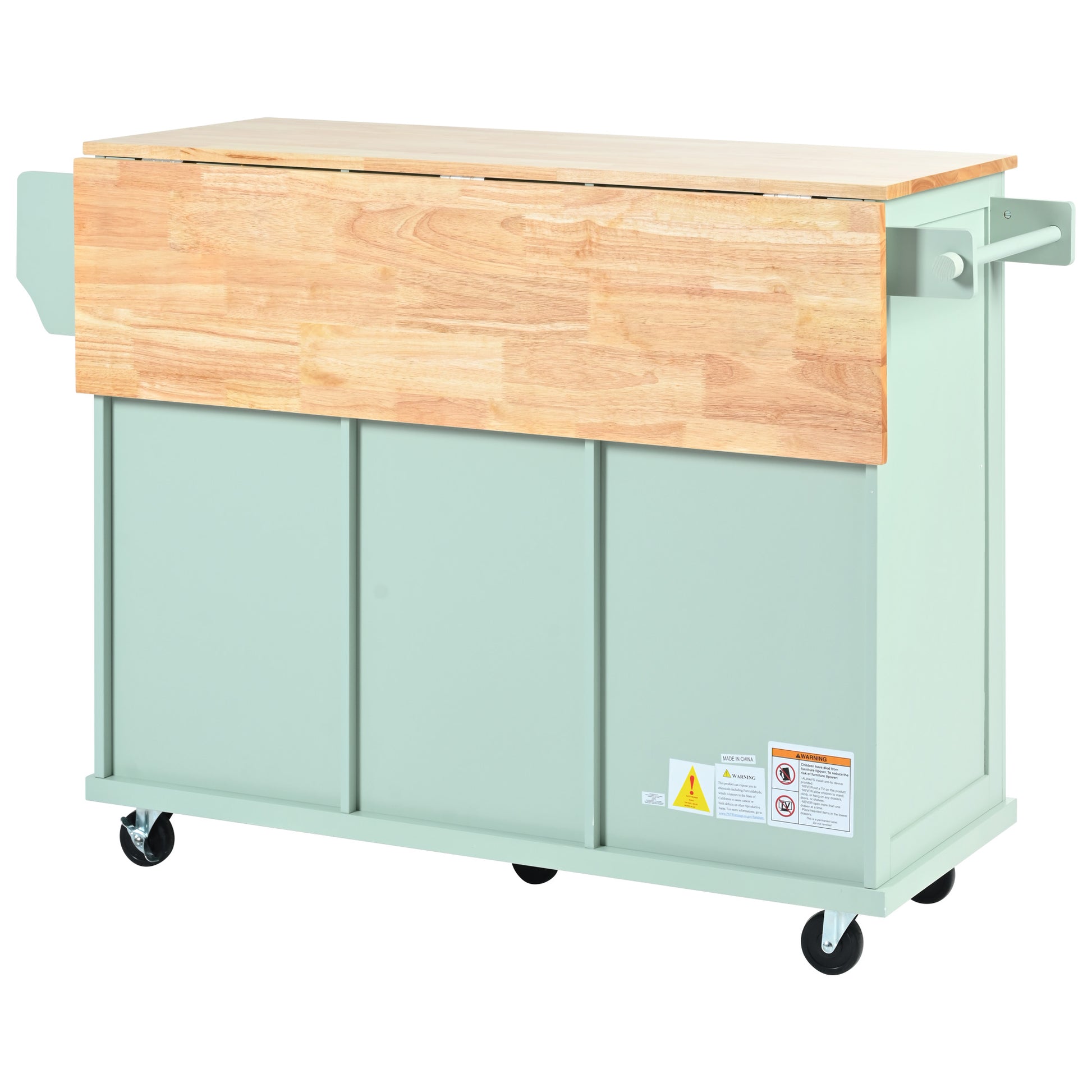 Light green kitchen cart with butcher block dropleaf countertop and wheels