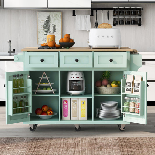 TREATLIFE HOME Kitchen Cart with Drop-Leaf Countertop and Internal Storage Racks, Rolling Wheels, Mint Green, 5 Drawers and 1 Cabinet