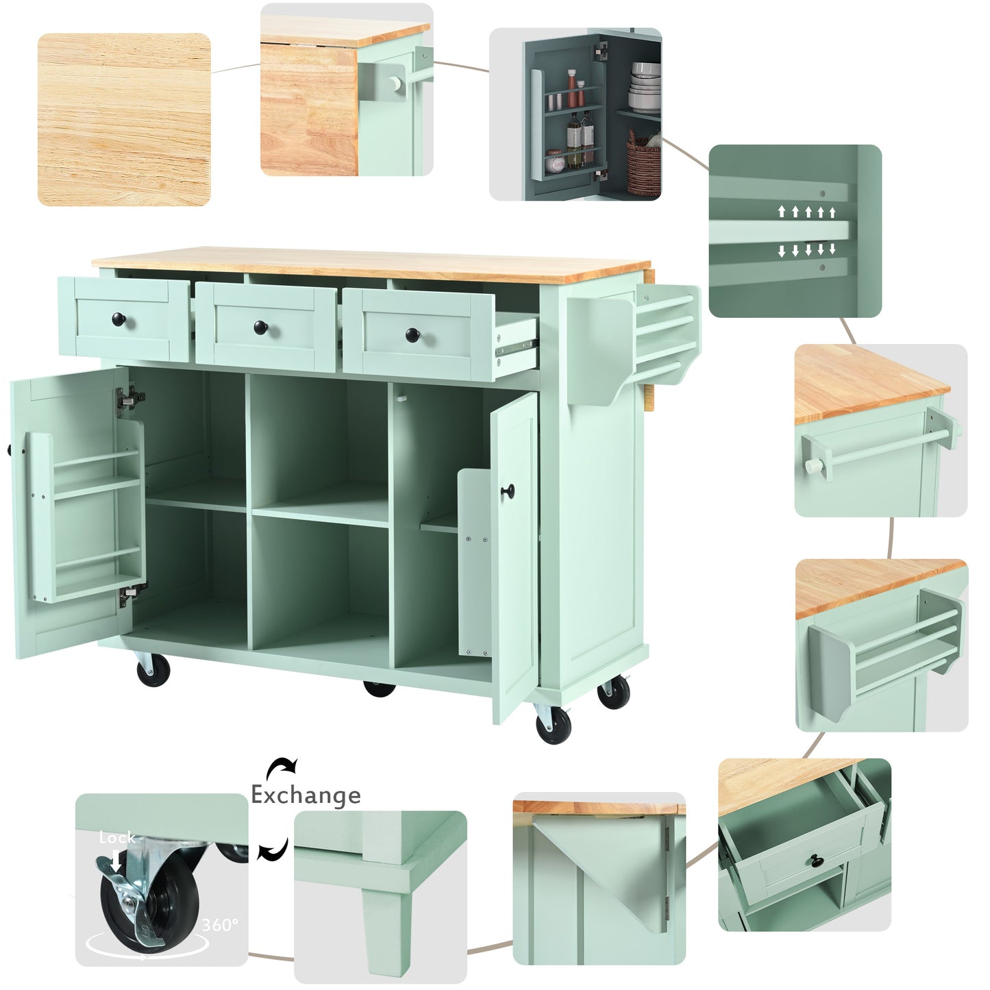 Mint green kitchen cart with butcher block top and multiple storage options