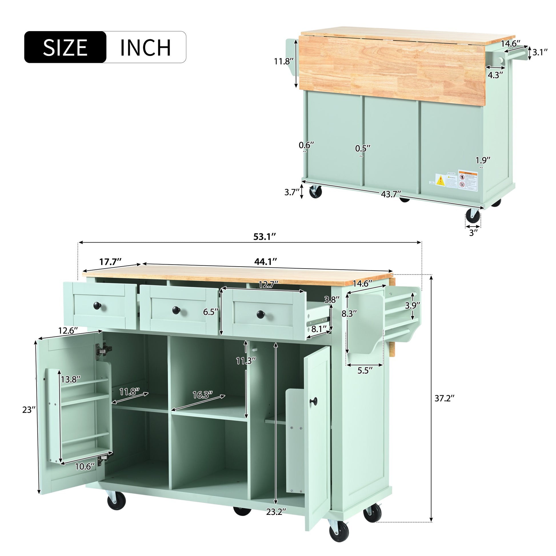 Mint green kitchen cart with drop leaf countertop and multiple storage drawers