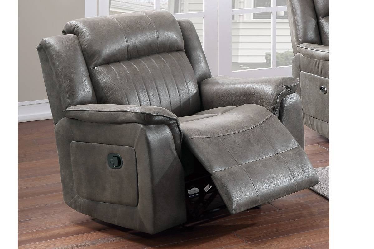 Grey leather recliner chair with plush cushioning and lumbar support